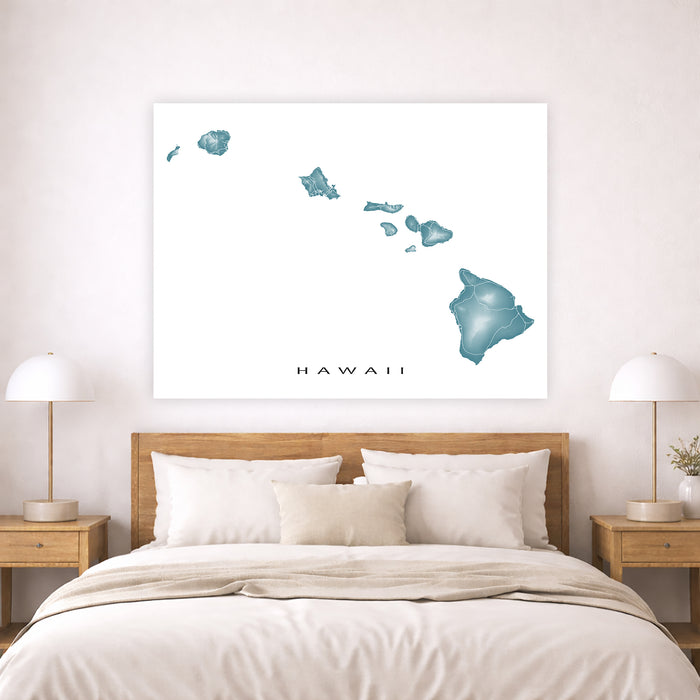 Bedroom with a map of Hawaii on the wall above a bed.