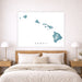 Bedroom with a map of Hawaii on the wall above a bed.