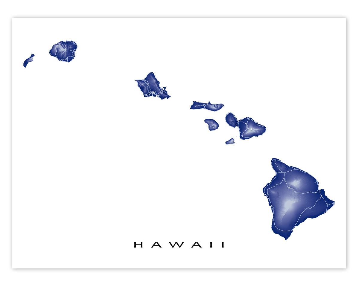 Hawaii Map Wall Art Print Poster, Topographic Hawaiian Islands Road Ma ...