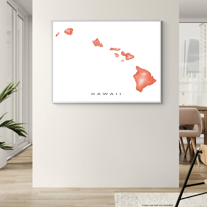 Framed artwork of a red map of Hawaii on a white wall.