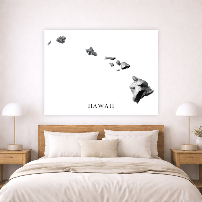 Bedroom with a map of Hawaii on the wall above a bed.