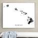 Framed artwork of Hawaii with black and white rocks on a beige wall.