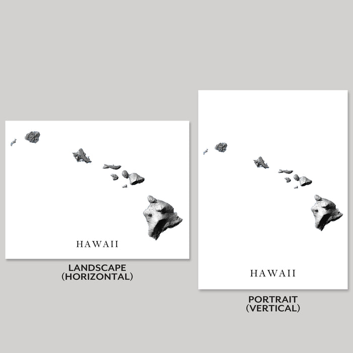 Two black and white maps of Hawaii, one landscape and one portrait, on a gray background.