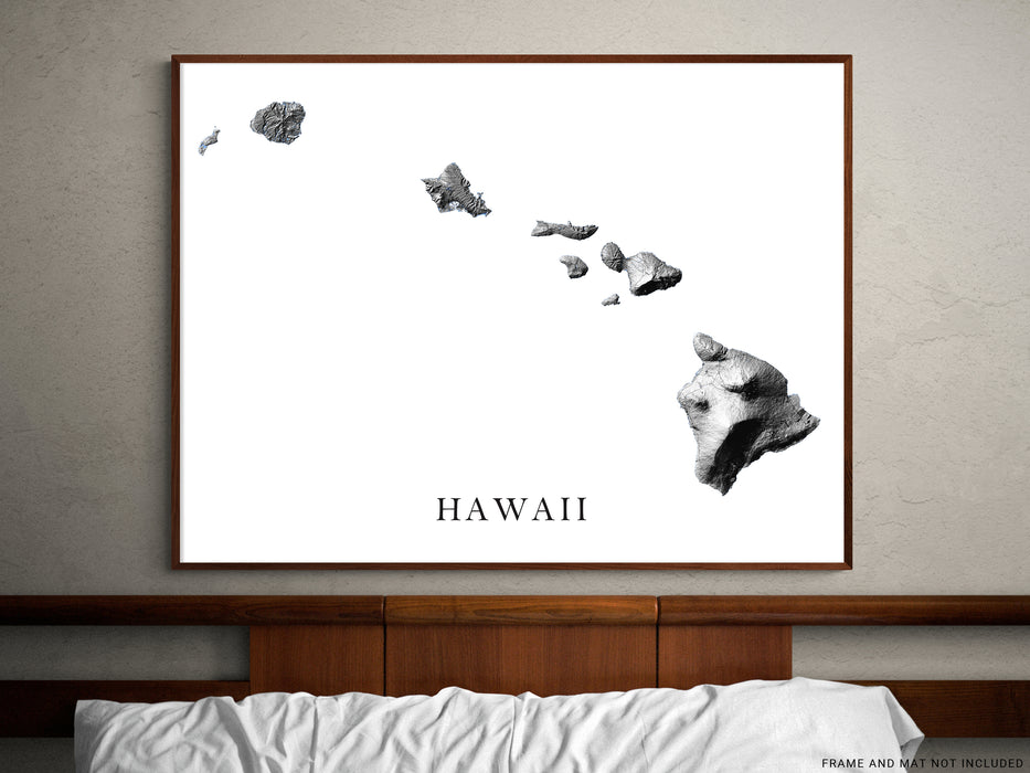 Hawaii Map Print - Black and White Hawaiian Islands Wall Art Prints, Oahu, Maui, Kauai