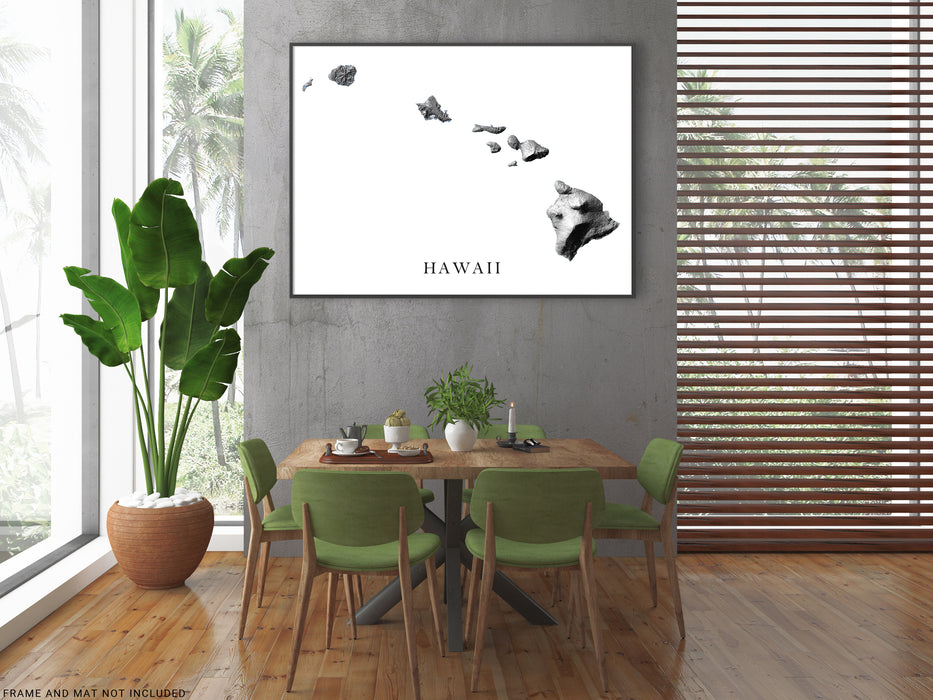 Hawaii Map Print - Black and White Hawaiian Islands Wall Art Prints, Oahu, Maui, Kauai