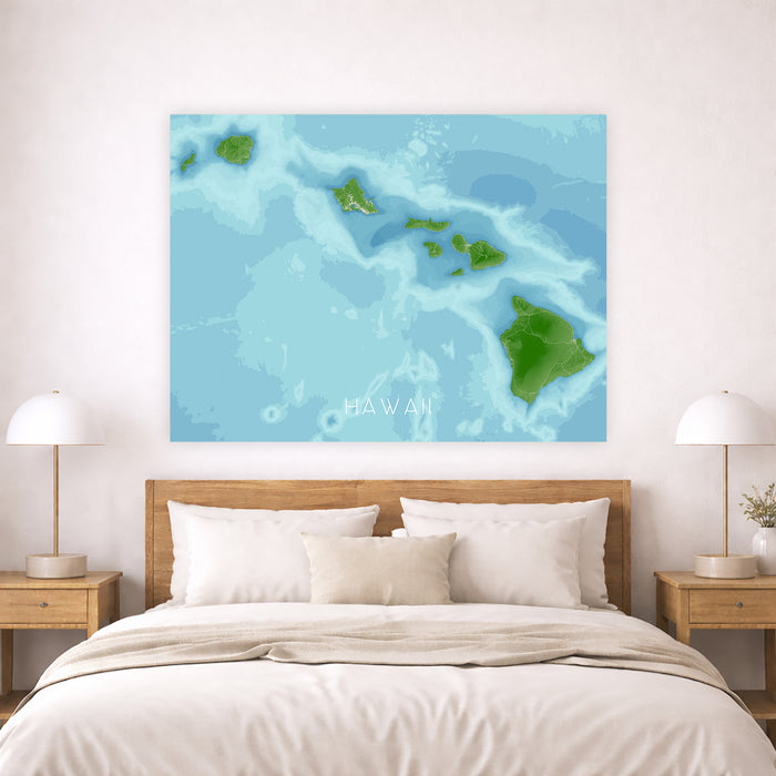 Map of Hawaii on a wall above a bed in a bedroom