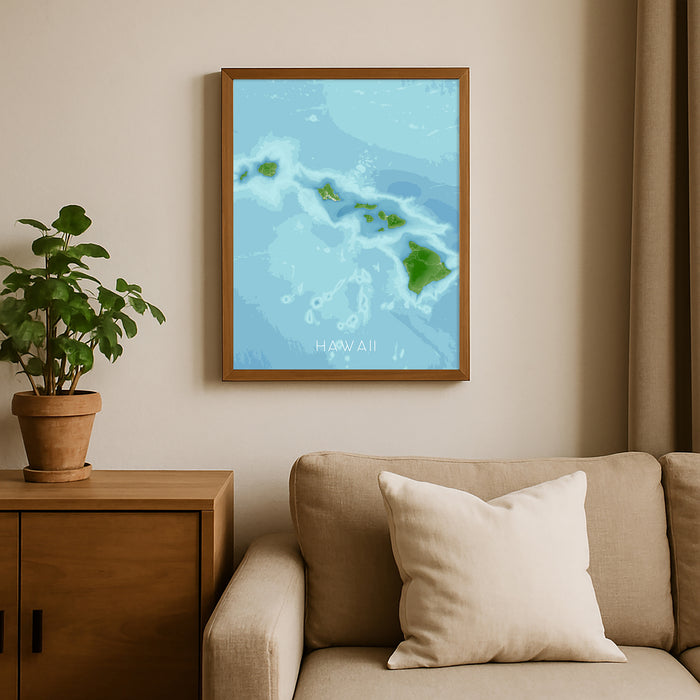Framed map of Hawaii on a wall above a beige sofa with a plant beside it.