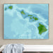 Framed map of Hawaii on a wall above a white surface.