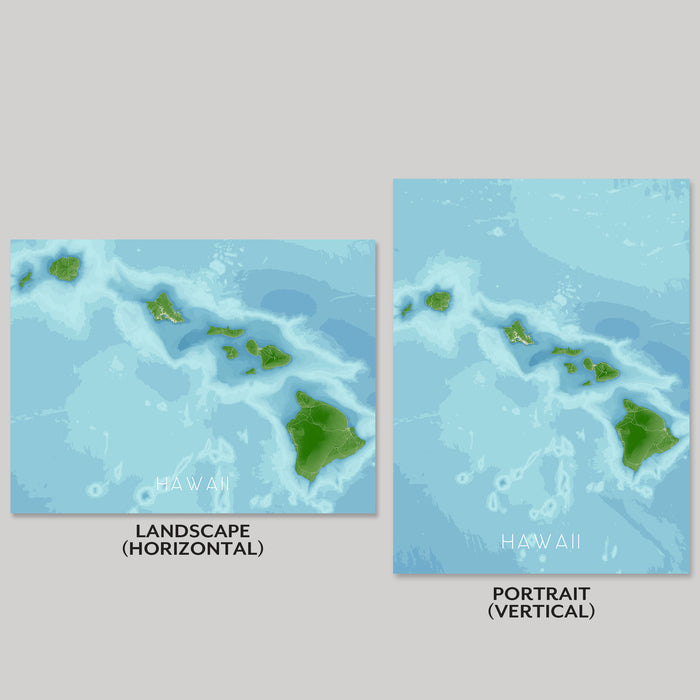 Two maps of Hawaii, one in landscape and one in portrait orientation, on a gray background.