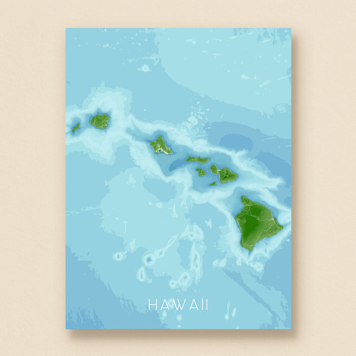 Map of Hawaii with green islands on a blue background