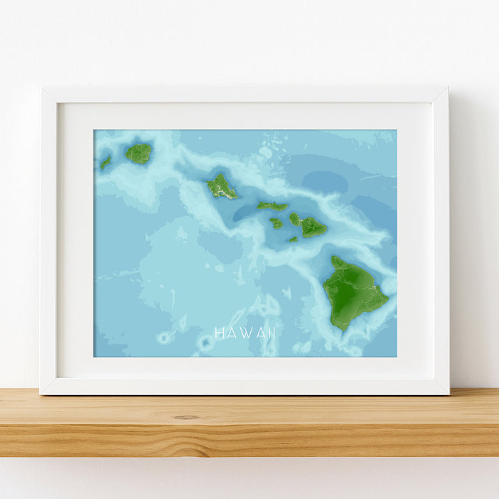 Framed map of Hawaii on a white wall