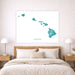 Bedroom with a map of Hawaii on the wall above a bed.