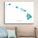 Framed map of Hawaii on a wall above a beige sofa with light blue pillows.