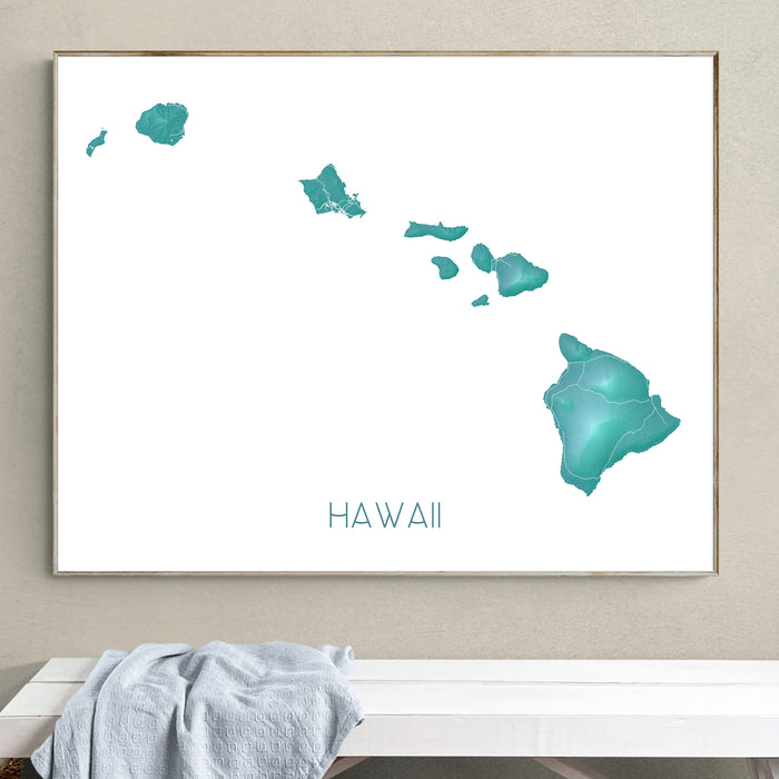 Framed map of Hawaii on a wall above a white bench.