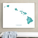 Framed map of Hawaii on a wall above a white bench.