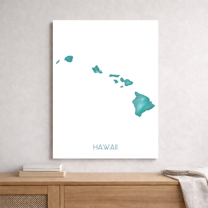 Framed map of Hawaii on a wall above a wooden shelf.