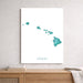 Framed map of Hawaii on a wall above a wooden shelf.