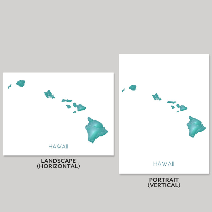 Two prints of a map of Hawaii, one landscape and one portrait, on a gray background.
