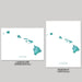 Two prints of a map of Hawaii, one landscape and one portrait, on a gray background.