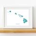 Framed artwork of a teal map of Hawaii on a white background