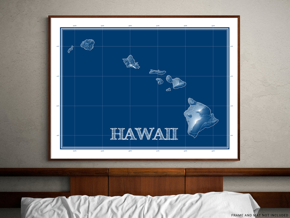Hawaii state blueprint map art print designed by Maps As Art.