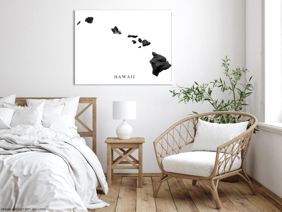 Hawaiian islands map print with black and white 3D topographic landscape features by Maps As Art.