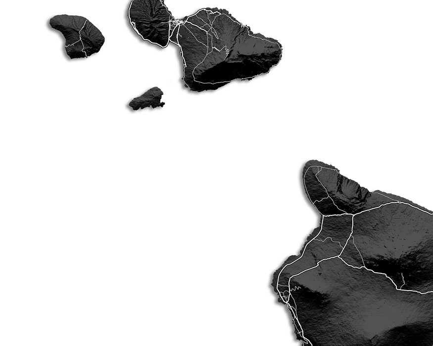 Hawaiian islands map print with black and white 3D topographic landscape features by Maps As Art.