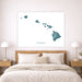 Map of Hawaii on a wall above a bed in a bedroom setting
