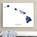 Framed map of Hawaii on a wall above a white bench.
