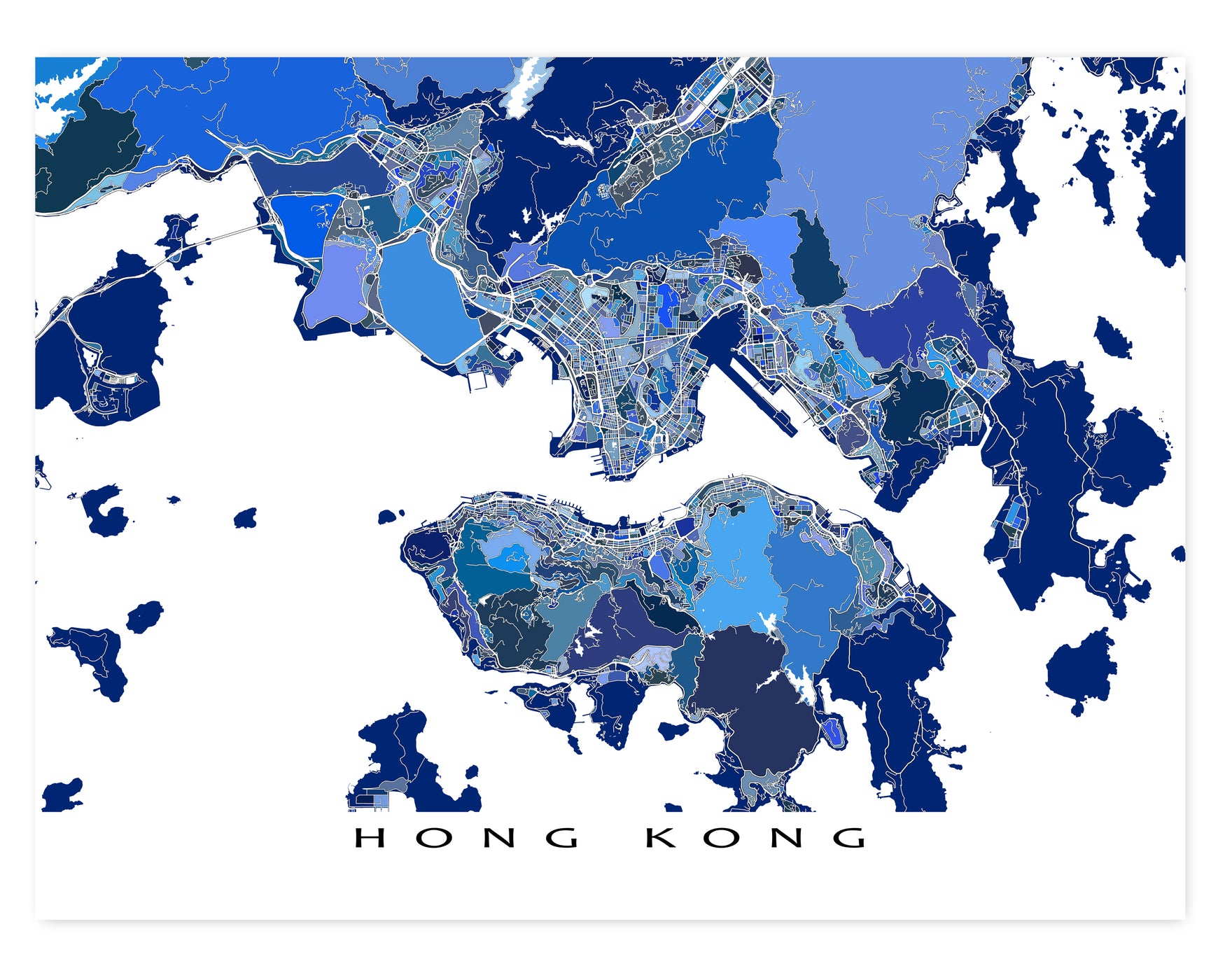 Hong Kong City Map Wall Art Print Poster With Blue Geometric Design hong-kong-city-map-wall-art-print-poster-with-blue-geometric-design