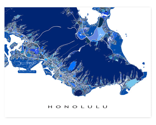 Honolulu, Oahu, Hawaii map art print in blue shapes designed by Maps As Art.