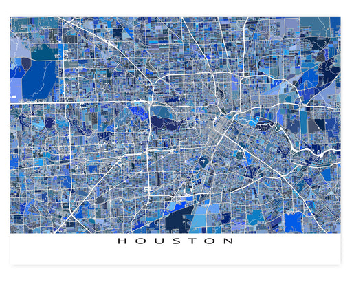 Houston, Texas map art print in blue shapes designed by Maps As Art.