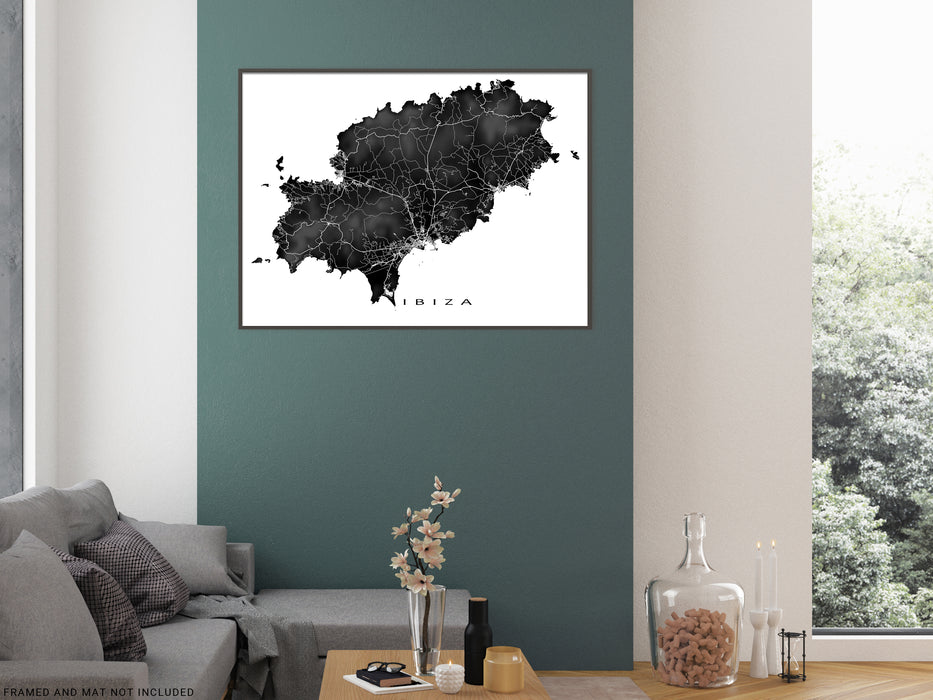 Ibiza, Spain map print with natural landscape and island streets designed by Maps As Art.