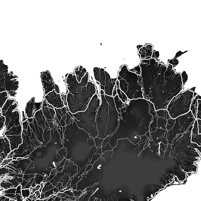 Topographic map of a mountainous region with white lines indicating elevation changes on a black background.