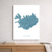 Framed map of Iceland on a wall above a wooden shelf.
