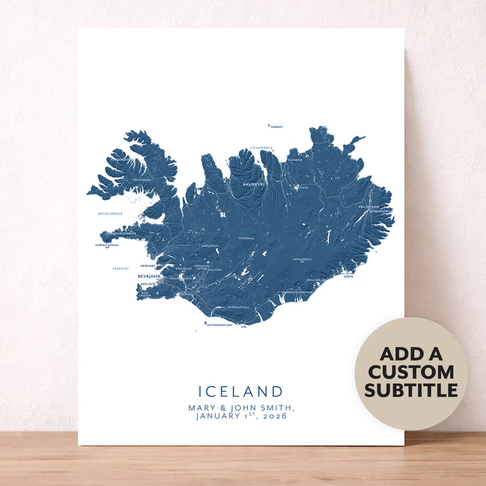 Map of Iceland on a white background with a customizable subtitle.