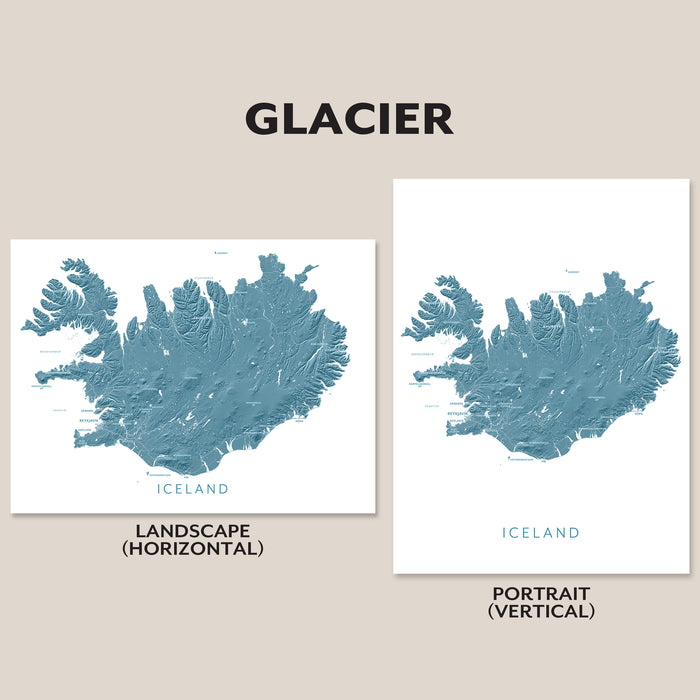 Two maps of Iceland labeled 'Landscape (Horizontal)' and 'Portrait (Vertical)' on a beige background.