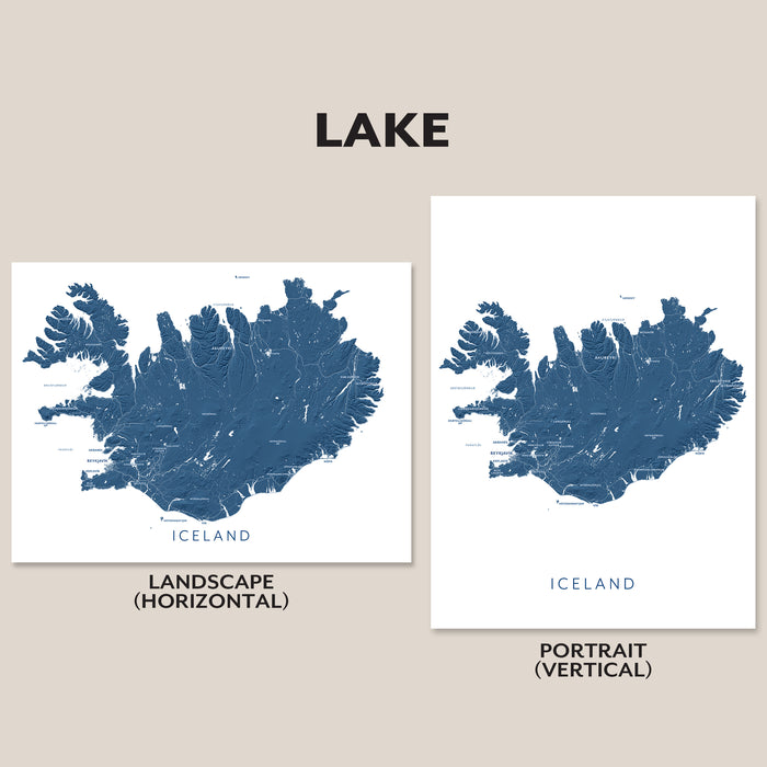Two map prints of Iceland, one landscape and one portrait, on a beige background.