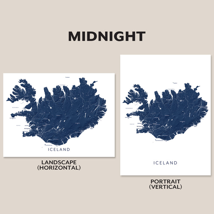 Two map prints of Iceland, one landscape and one portrait, on a beige background.