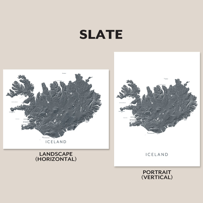 Two maps of Iceland, one landscape and one portrait, on a beige background with 'Slate' text.