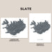 Two maps of Iceland, one landscape and one portrait, on a beige background with 'Slate' text.