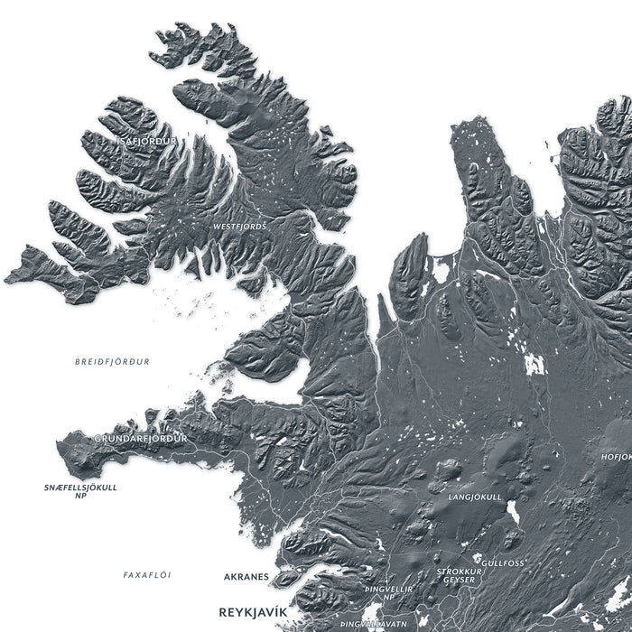 Topographic map of Iceland with mountain ranges and locations labeled.