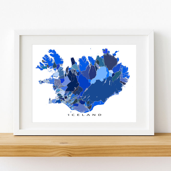 Framed map of Iceland with a watercolor design on a white background