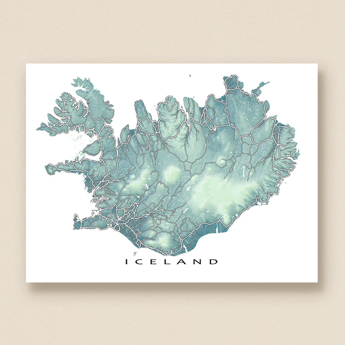 Map of Iceland with a watercolor texture on a beige background