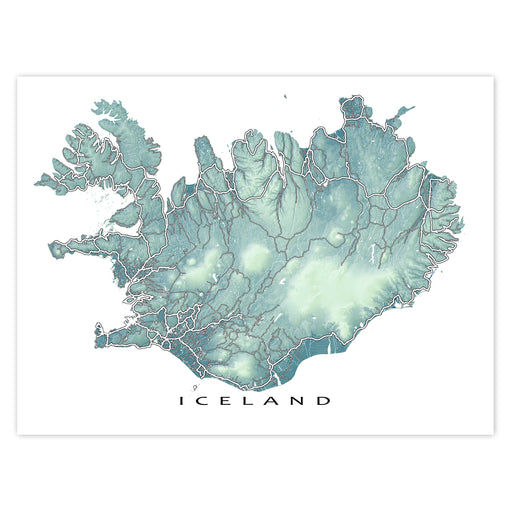 Topographic map of Iceland with a light blue color scheme on a white background.