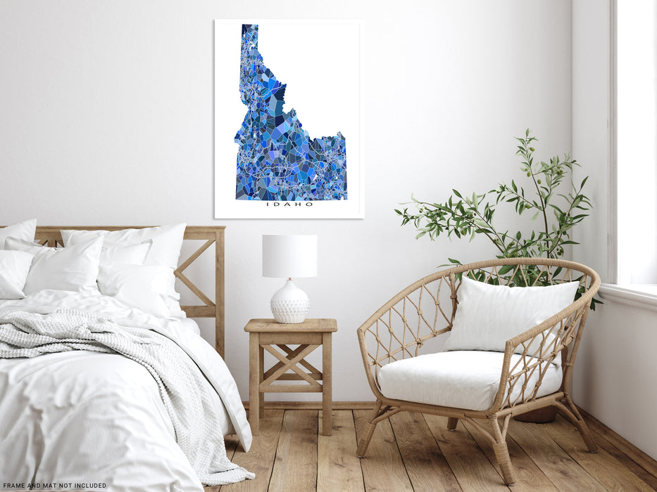 Idaho state map art print in blue shapes designed by Maps As Art.