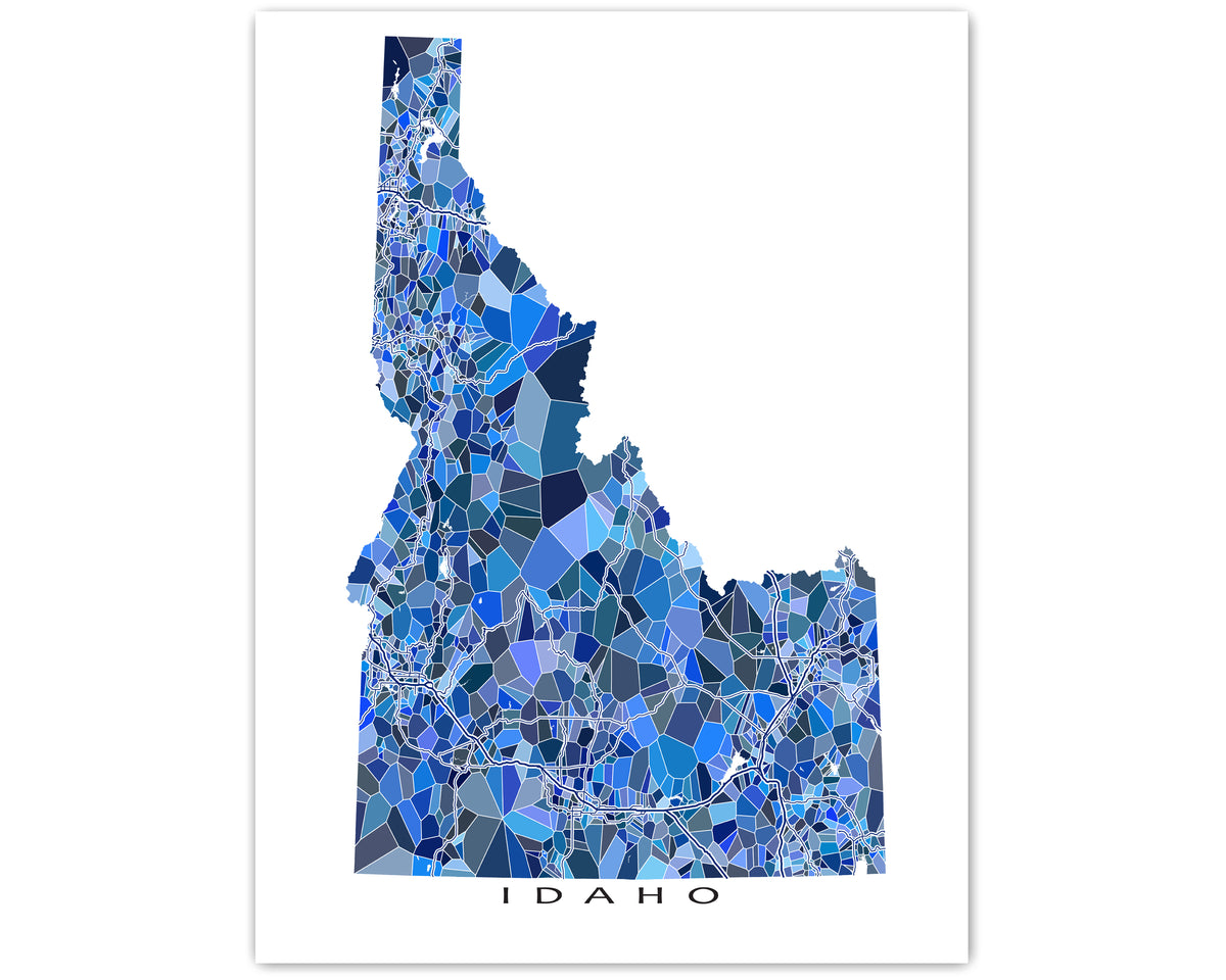Idaho State Map Print Poster, Blue Geometric Wall Art ID Road Maps, Bo ...