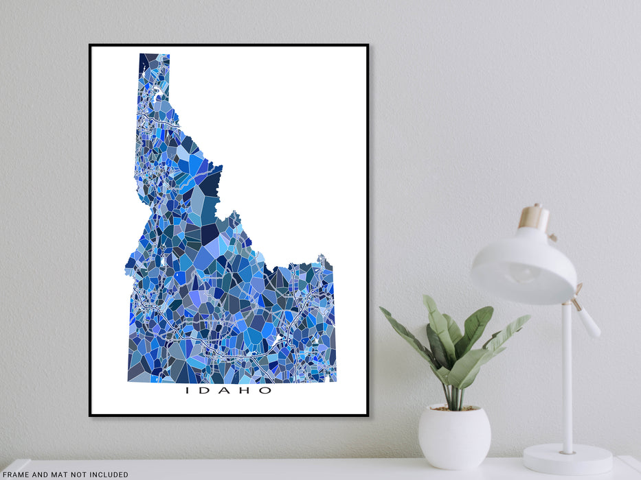 Idaho state map art print in blue shapes designed by Maps As Art.