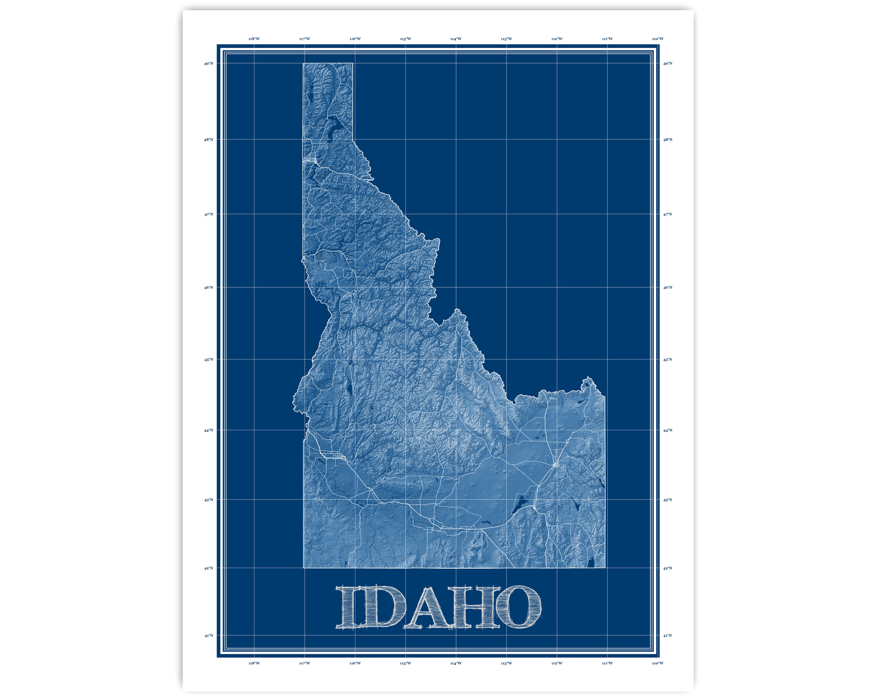 Idaho State Map Print Poster, Blueprint Style Wall Art Design — Maps As Art