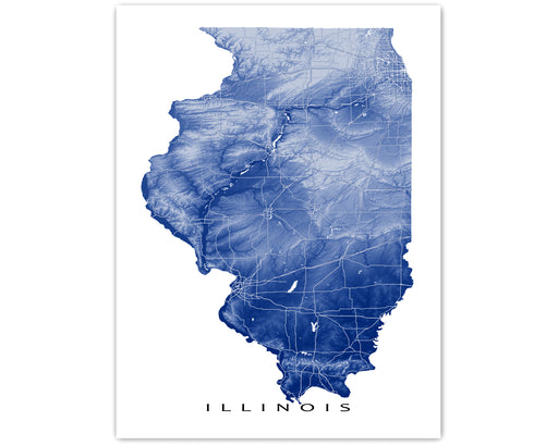 Illinois map print with natural landscape and main roads designed by Maps As Art.